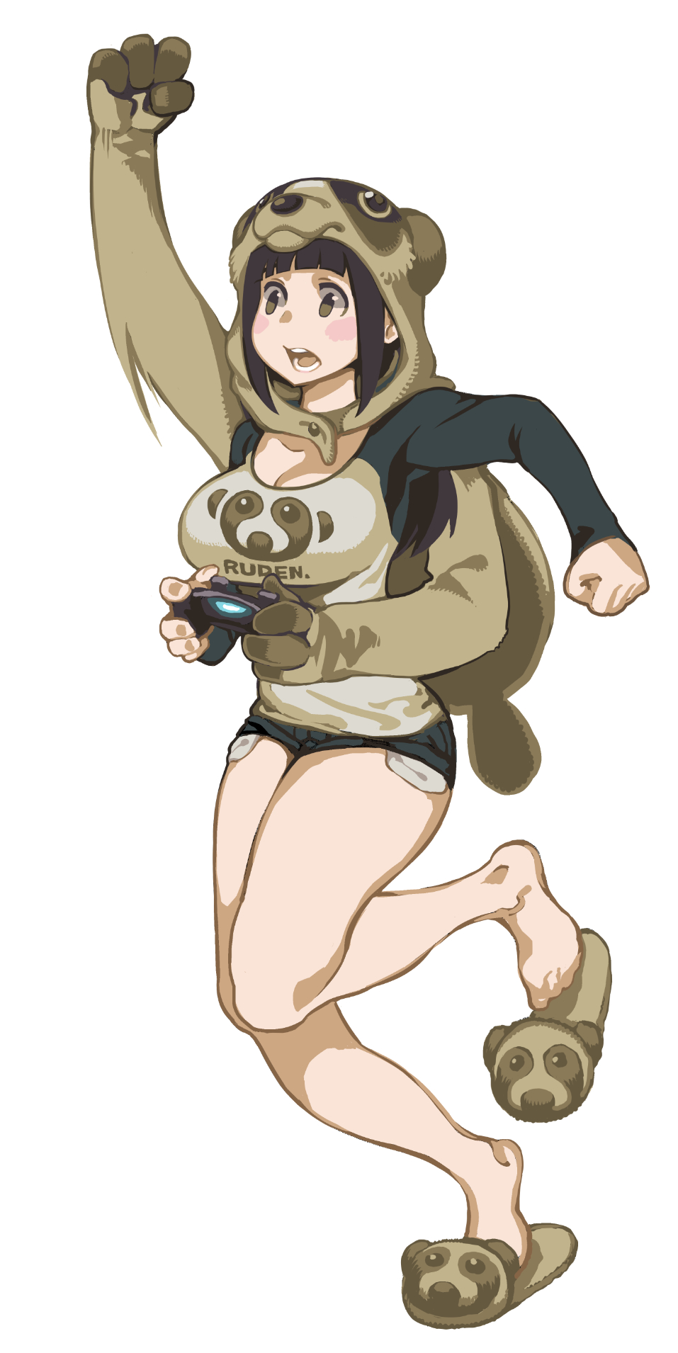 1girl, animal_hood, arm_up, blush_stickers, breasts, clothes_writing, controller, highres