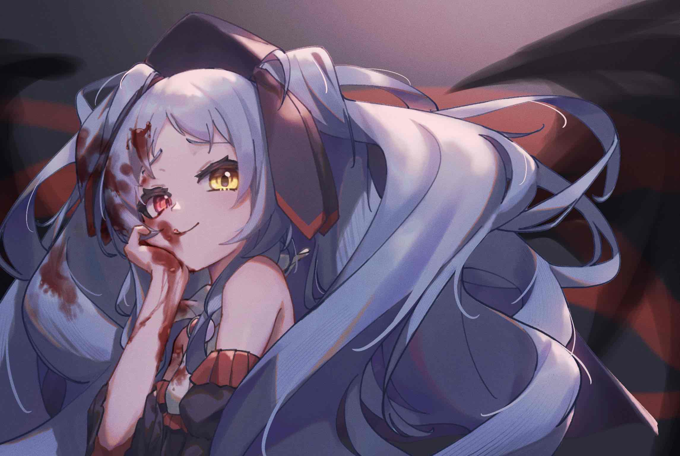 1girl, blood, blood_on_face, blue_hair, chucolala, enfer_mirei, heterochromia, highres