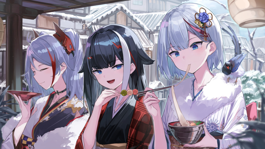 3girls, 7gao, admiral_graf_spee_(azur_lane), alcohol, alternate_costume, azur_lane, black_hair, black_kimono, blue_eyes, bowl, chopsticks, closed_eyes, commentary_request, cup, deutschland_(azur_lane), eating, floral_print, flower, food, gradient_hair, hair_ornament, highres, holding, holding_bowl, holding_chopsticks, japanese_clothes, kimono, long_hair, mochi, multicolored_hair, multiple_girls, new_year, official_alternate_costume, open_mouth, outdoors, prinz_eugen_(azur_lane), prinz_eugen_(profusion_of_flowers)_(azur_lane), redhead, sakazuki, sake, short_hair, silver_hair, upper_body, white_kimono