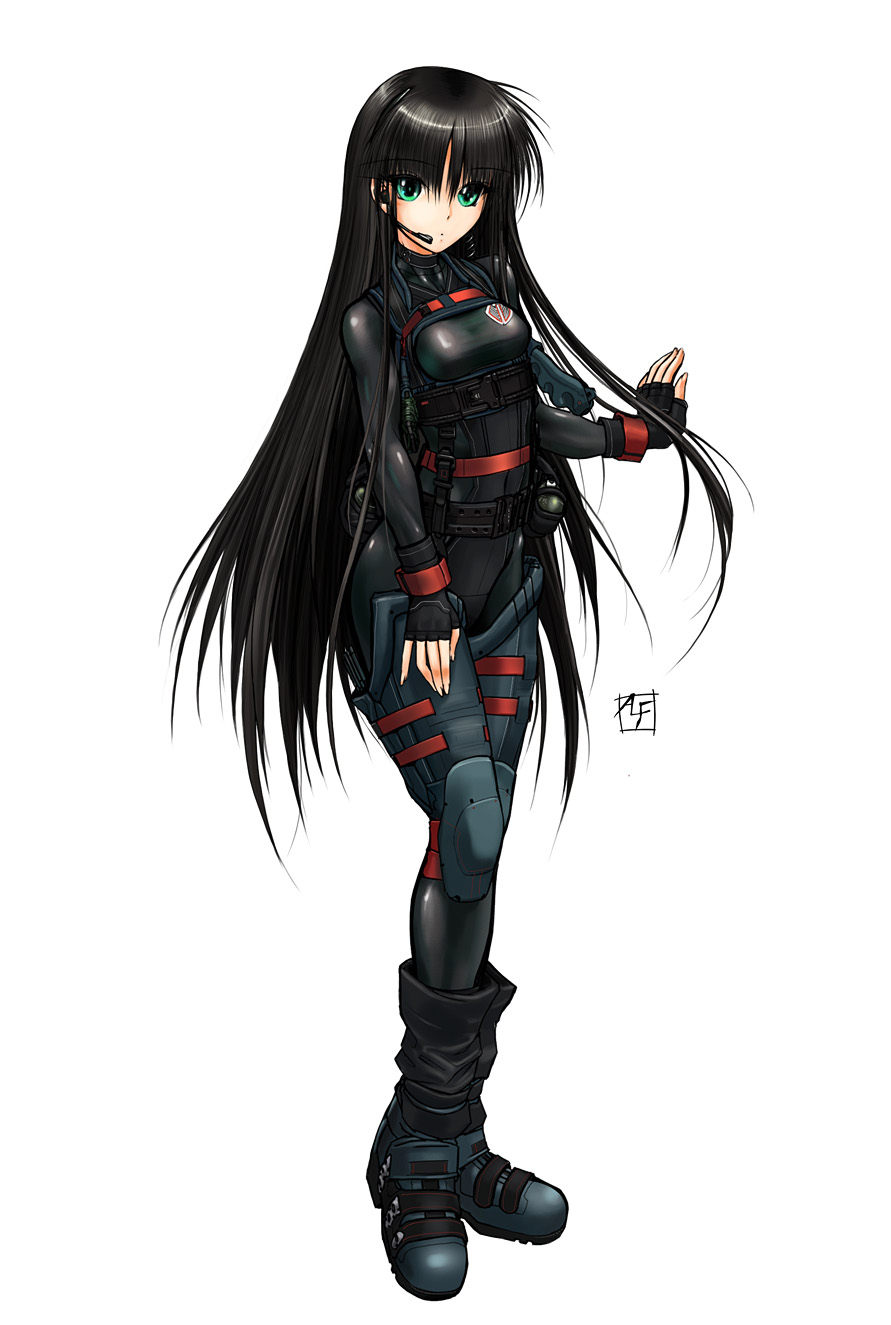 alf874, armor, belt, black_hair, bodysuit, boots, fingerless_gloves, gloves