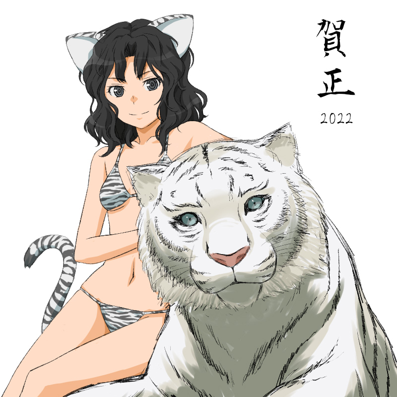 1girl, 2022, amagami, animal_ears, animal_print, bikini, black_eyes, black_hair