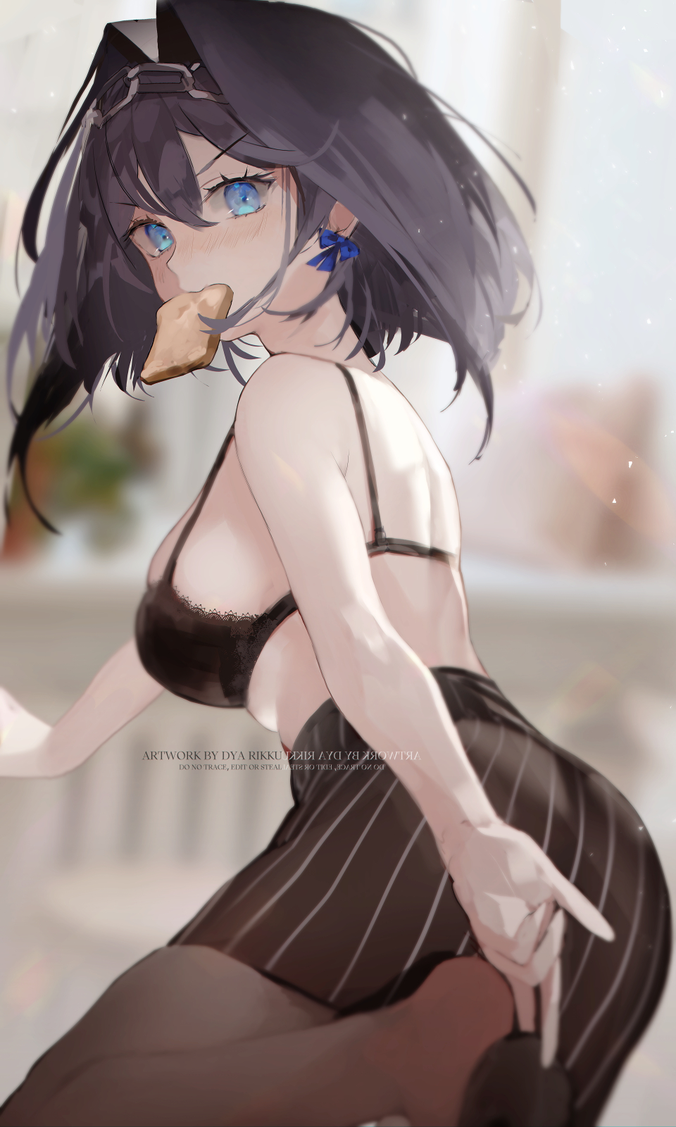 1girl, annoyed, bangs, black_bra, black_footwear, black_hair, black_skirt, blue_bow