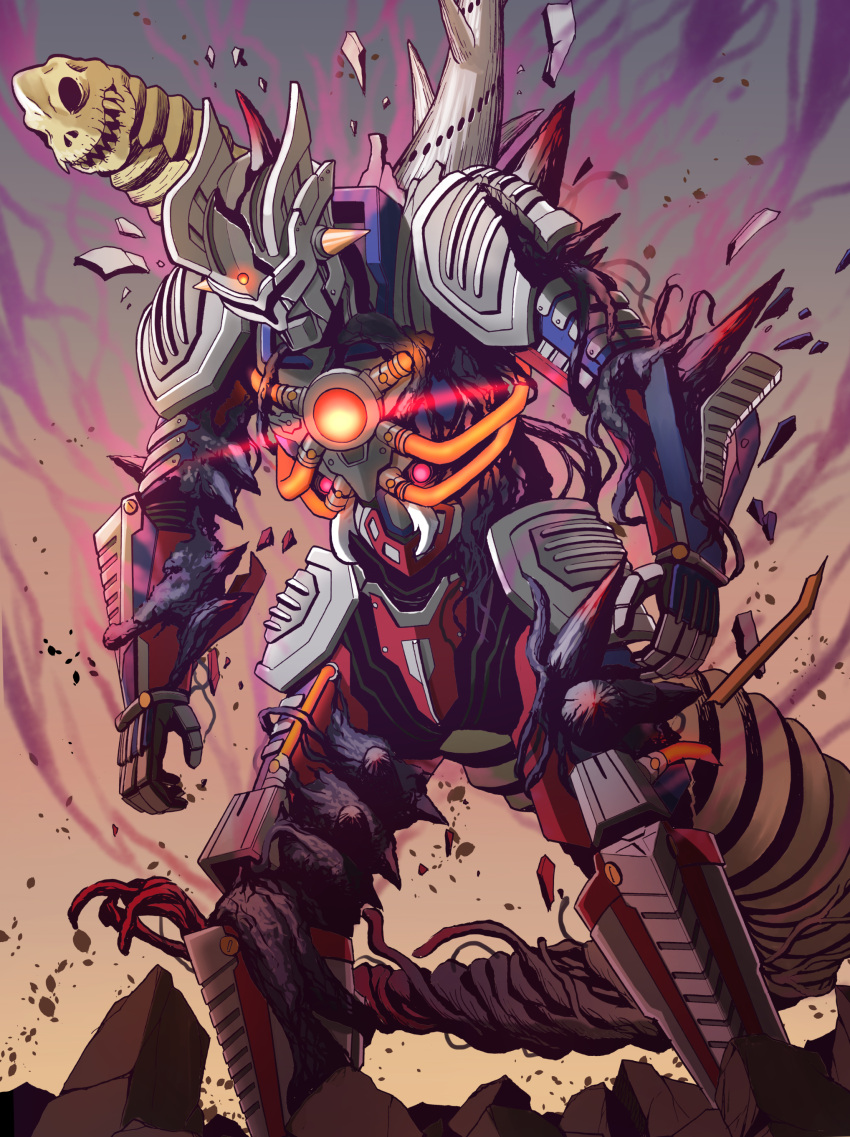 absurdres, destrudos, glowing, highres, kaijuu, looking_down, mecha, no_humans, open_hands, science_fiction, spikes, tail, tokusatsu, transformation, ultra_series, ultraman_z_(series), ultroid_zero, visor, yuuki_koutarou