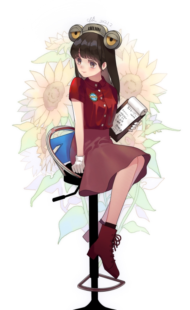 1girl, bangs, black_eyes, boots, brown_hair, clipboard, collared_shirt, flower