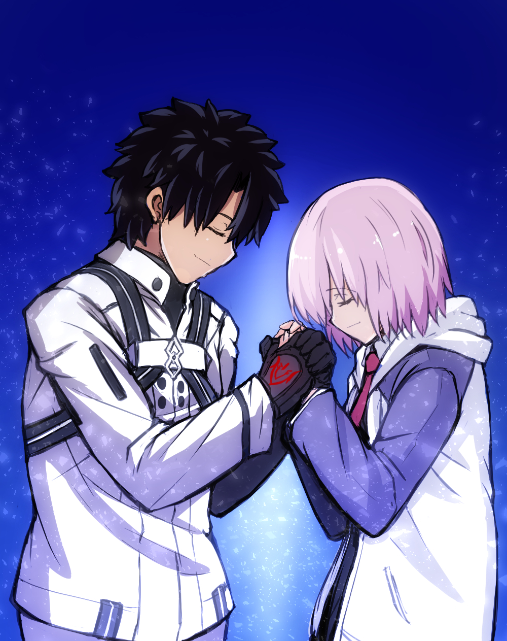 1boy, 1girl, black_dress, black_gloves, black_hair, buttons, closed_eyes, closed_mouth