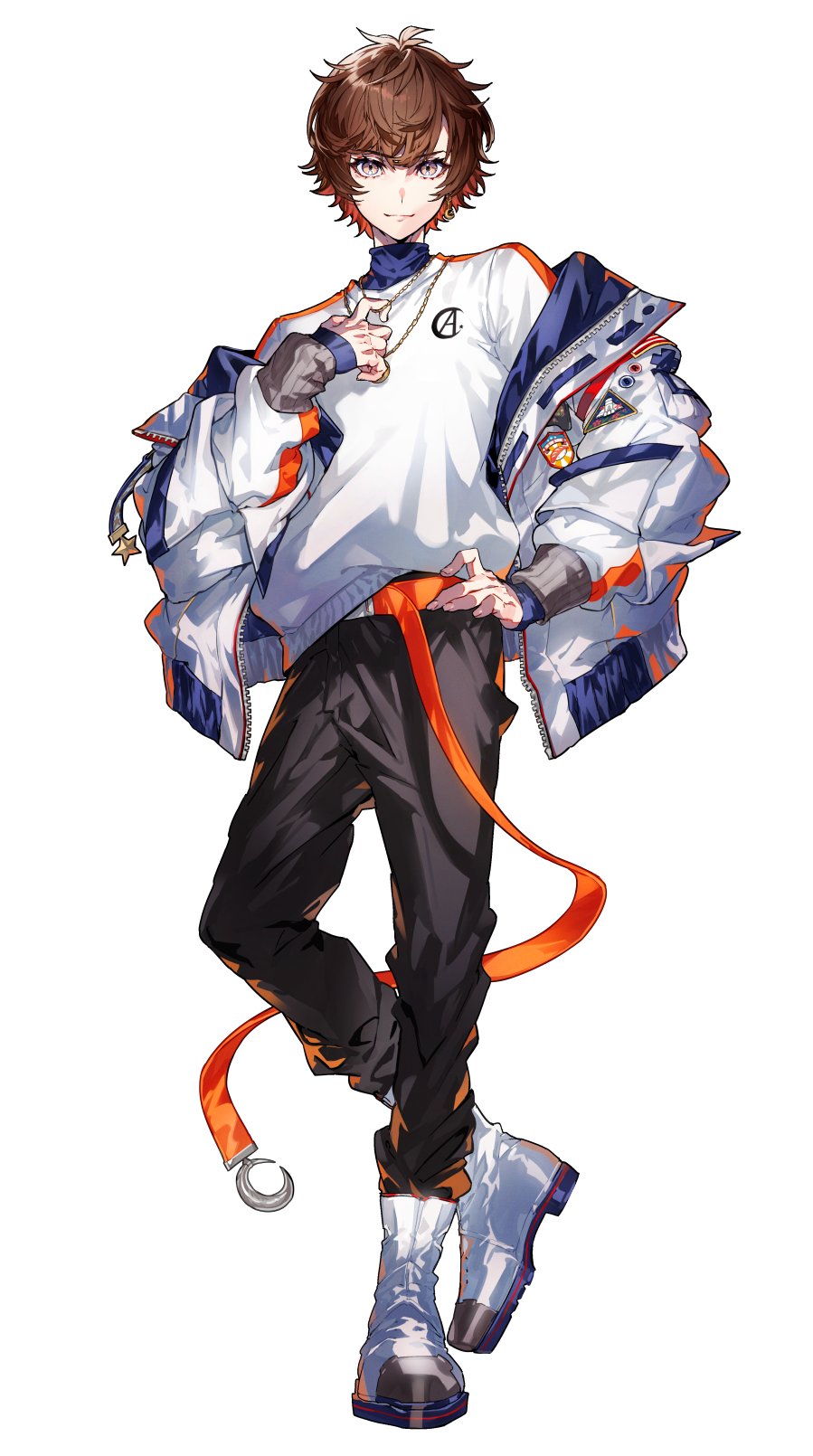 1boy, amatsuki_(nico_nico_douga), black_pants, brown_eyes, brown_hair, closed_mouth, full_body, hand_on_hip