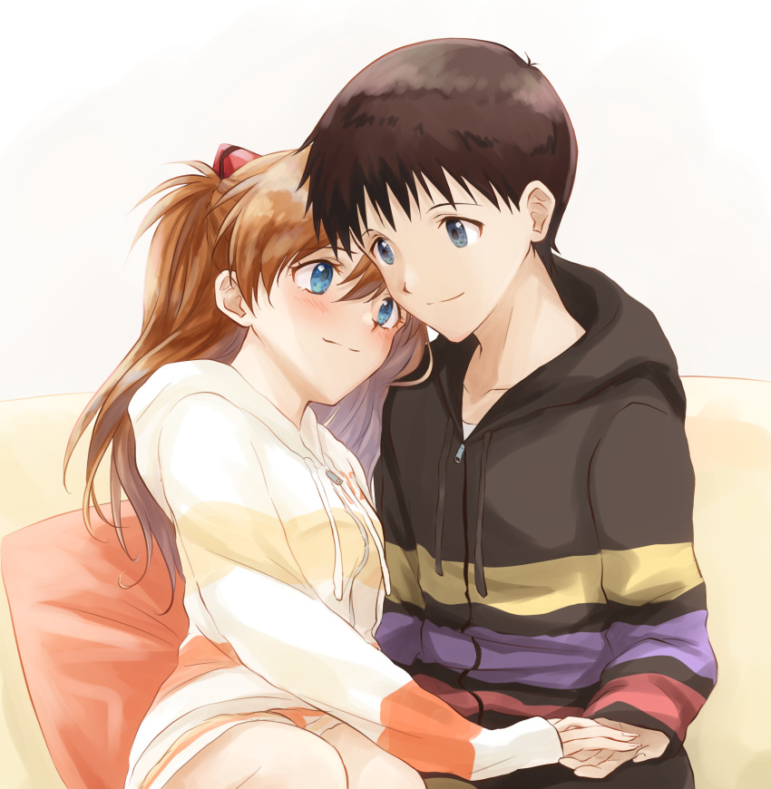 1boy, 1girl, absurdres, bare_legs, baumku_techen, black_sweater, blue_eyes, blush