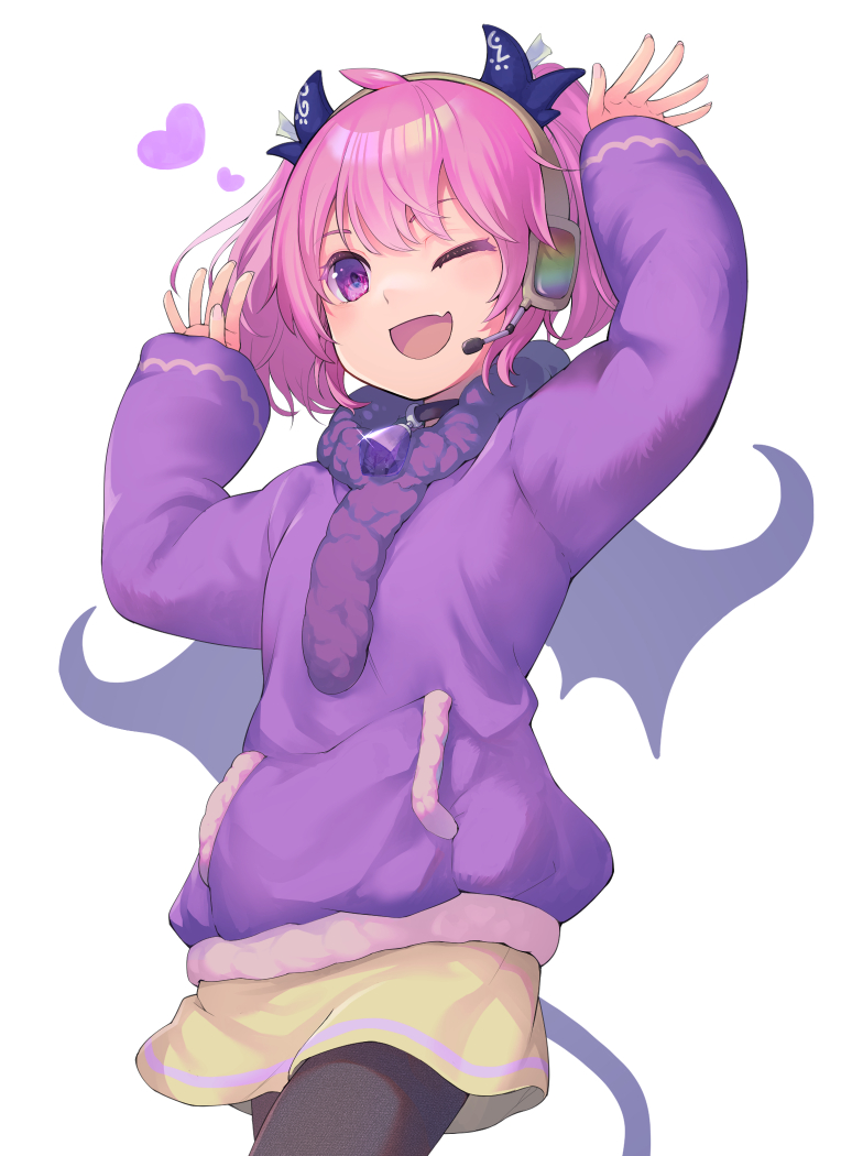 1girl, ;d, black_legwear, cowboy_shot, debicchi, debidebi_debiru, fang, headphones