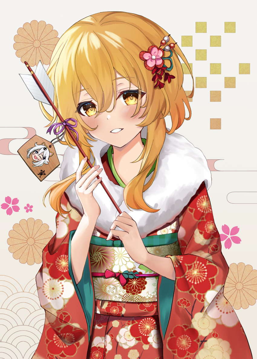 1girl, arrow_(projectile), blonde_hair, blush, commentary_request, facial_mark, flower, fur_trim