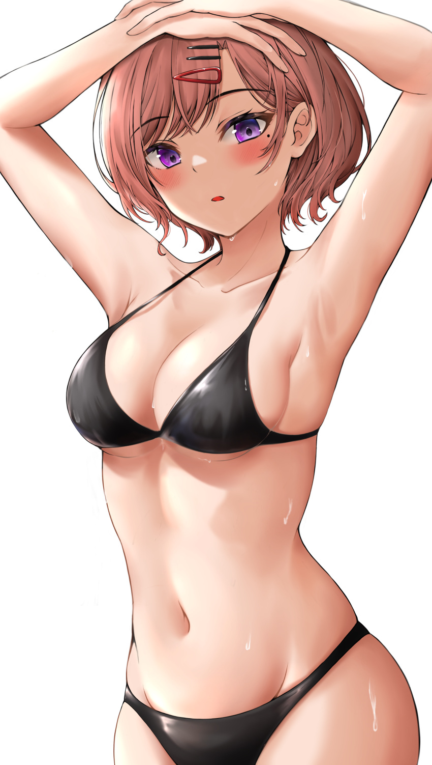 1girl, absurdres, armpits, arms_up, bikini, black_bikini, blush, breasts