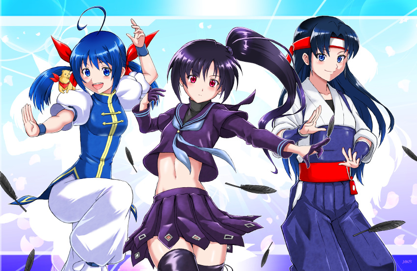 3girls, absurdres, ahoge, black_hair, blue_hair, chinese_clothes, fatal_fury, ferret, futaba_hotaru, headband, highres, japanese_clothes, kurosaki_miu, long_hair, mark_of_the_wolves, midriff, multiple_girls, navel, ponytail, ryuuko_no_ken, school_uniform, snk, the_king_of_fighters, the_king_of_fighters_ex, thigh-highs, toudou_kasumi, twintails, yonecchi, zettai_ryouiki