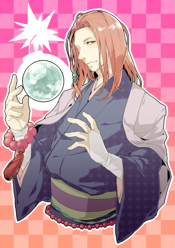 1boy, bakudan_handan, bead_bracelet, beads, blue_kimono, bracelet, braid, brown_eyes