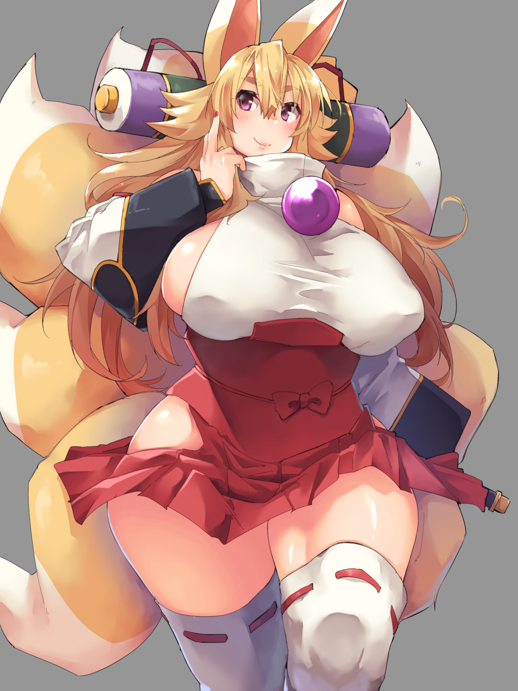 1girl, animal_ears, bare_shoulders, blonde_hair, blush, breasts, curvy, detached_sleeves