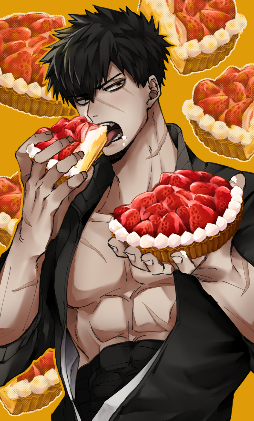 1boy, absurdres, black_hair, commentary_request, covered_abs, doudanuki_masakuni, eating, food