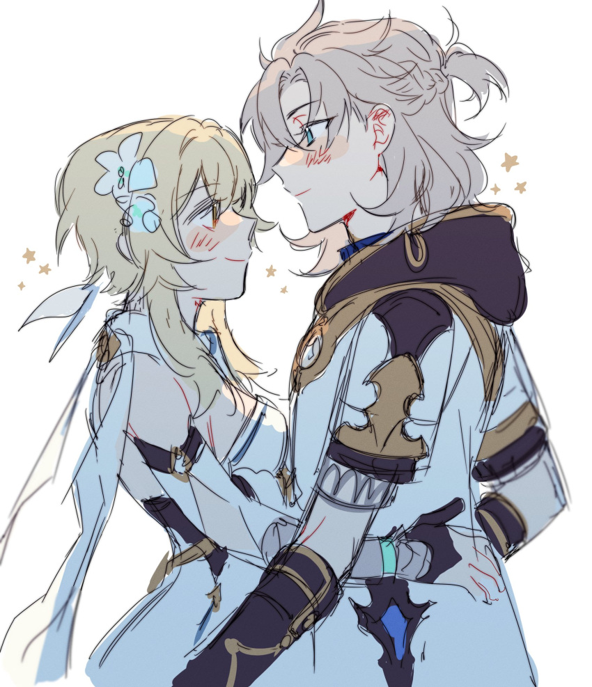 1boy, 1girl, albedo_(genshin_impact), bangs, black_gloves, blonde_hair, blue_eyes, blush