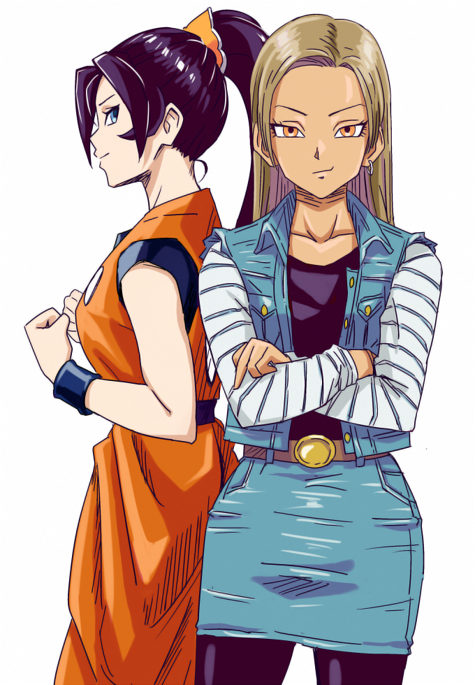 2girls, anbj, android_18, android_18_(cosplay), black_hair, black_legwear, blue_eyes, brown_hair