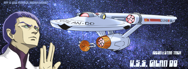 aoneco, blue_hair, character_name, copyright_name, cosplay, crossover, densetsu_kyojin_ideon, grey_eyes, hand_up, space, space_craft, spock, spock_(cosplay), star_trek, stars
