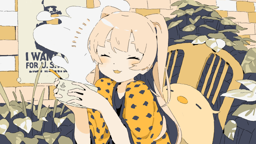 1girl, :3, absurdres, alternate_costume, bache_(azur_lane), blonde_hair, blush, bowl, chair, closed_eyes, highres, holding, holding_bowl, i_want_you, kaizuka_(mintfield), limited_palette, long_hair, manjuu_(azur_lane), open_mouth, shawl, sitting, smile, solo, steam, two_side_up