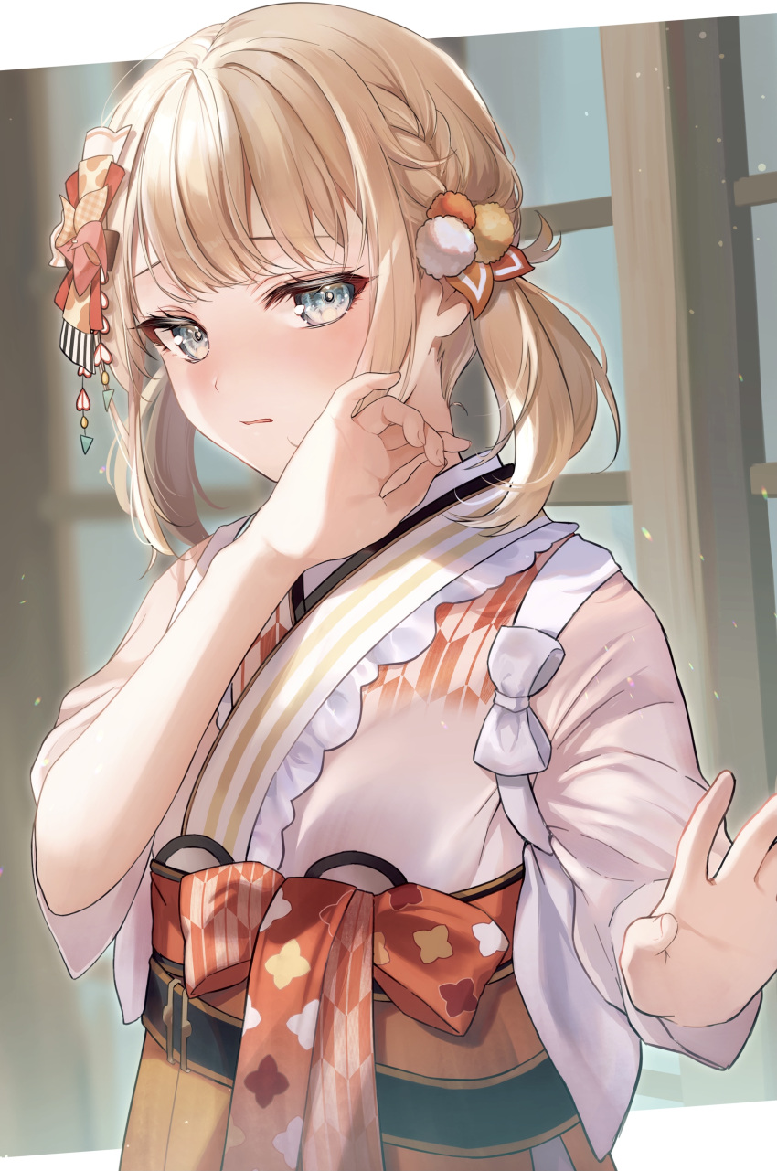 1girl, absurdres, bangs, blonde_hair, blue_eyes, blush, commentary_request, hair_ornament