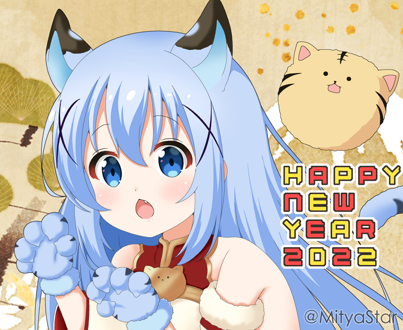 1girl, 2022, animal_ears, animal_hands, bangs, bare_shoulders, blue_eyes, blue_gloves, blue_hair, chestnut_mouth, chinese_zodiac, cidala_(granblue_fantasy), cidala_(granblue_fantasy)_(cosplay), commentary_request, cosplay, dress, eyebrows_visible_through_hair, fang, fur-trimmed_gloves, fur_trim, gloves, gochuumon_wa_usagi_desu_ka?, hair_between_eyes, hair_ornament, happy_new_year, kafuu_chino, kemonomimi_mode, long_hair, mitya, new_year, open_mouth, paw_gloves, red_dress, sleeveless, sleeveless_dress, tail, tiger_ears, tiger_girl, tiger_tail, tippy_(gochiusa), twitter_username, upper_body, x_hair_ornament, year_of_the_tiger