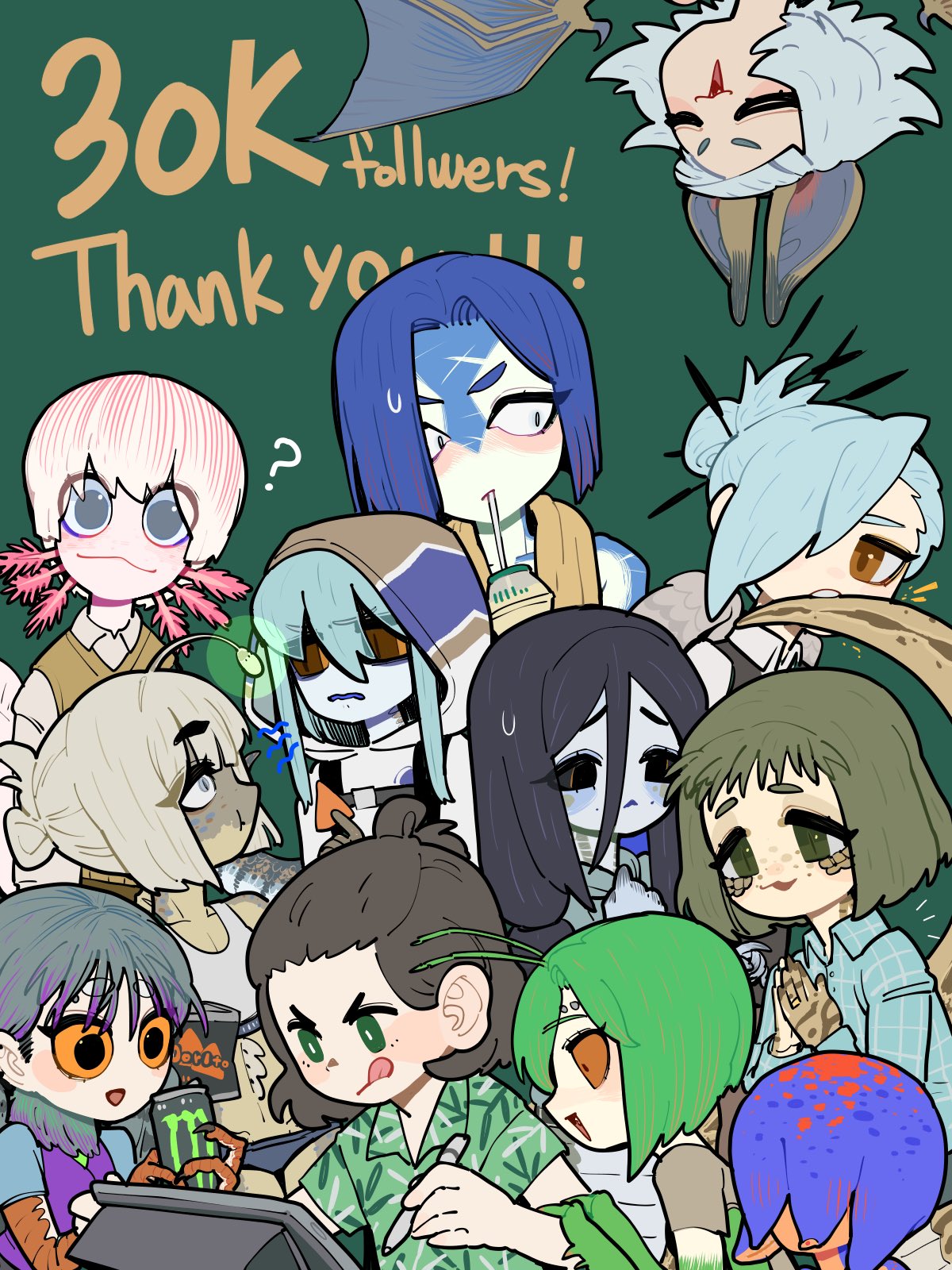 1boy, 6+girls, ?, anglerfish_girl, antennae, aqua_hair, arthropod_girl, axolotl_girl