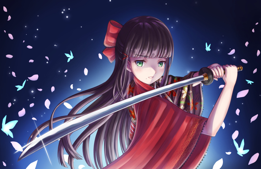 1girl, bangs, birthday, black_hair, bug, butterfly, cherry_blossoms, commentary