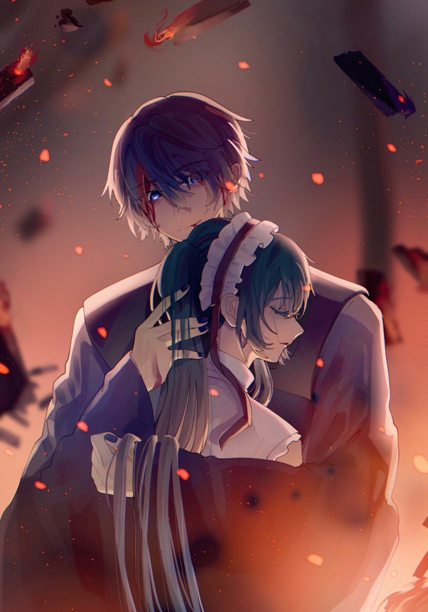 akutoku_no_judgement_(vocaloid), blood, blood_on_face, blue_hair, burning, clockworker's_doll, evillious_nendaiki, father_and_daughter