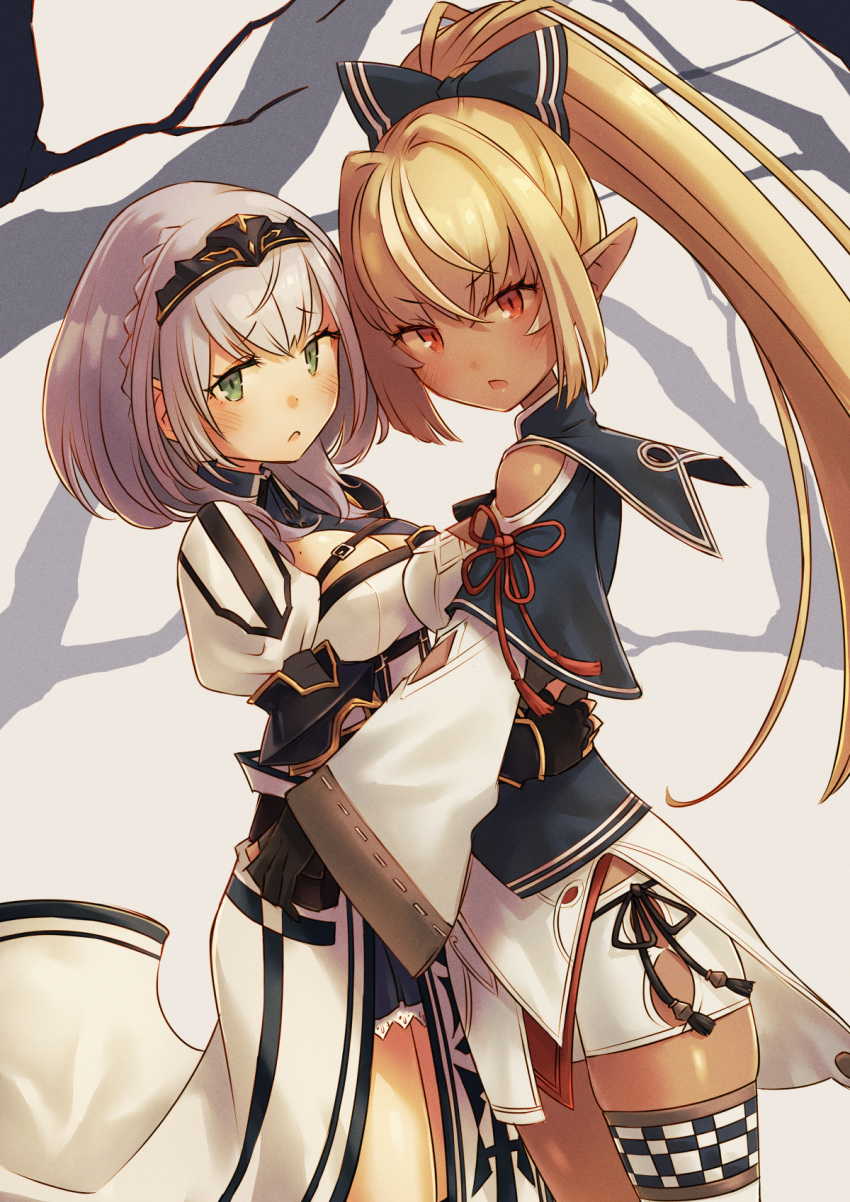 2girls, angry, armor, blush, cowboy_shot, dark-skinned_female, dark_skin, elf