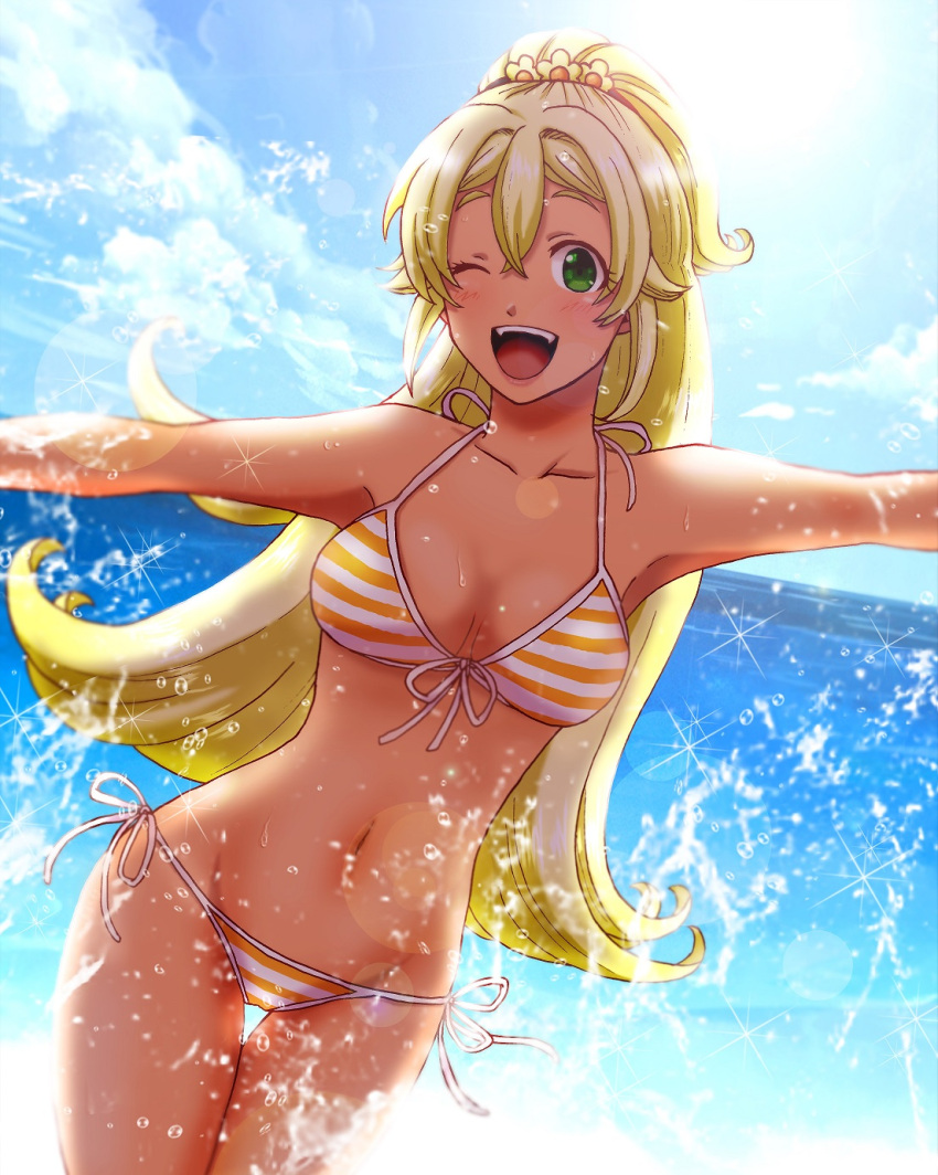 1girl, bikini, blonde_hair, highres, kakegurui, long_hair, navel, ocean