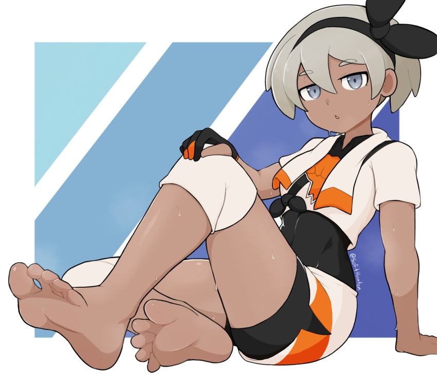 1girl, arm_support, bangs, barefoot, bea_(pokemon), black_bodysuit, black_hairband, blue_background, bodysuit, bodysuit_under_clothes, border, bow_hairband, dark-skinned_female, dark_skin, english_commentary, eyebrows_visible_through_hair, feet, full_body, gloves, gradient, gradient_background, grey_eyes, grey_hair, hairband, hand_on_own_knee, highres, juvenile, knee_up, leaning_back, legs, looking_at_viewer, open_mouth, partially_fingerless_gloves, patterned_background, pokemon, pokemon_(game), pokemon_swsh, print_shirt, print_shorts, shirt, short_eyebrows, short_hair, short_sleeves, shorts, sidelocks, single_glove, sitting, softhanten, soles, solo, sweatdrop, teenage, thick_eyebrows, thighs, tied_shirt, toes, tomboy, twitter_username, white_border, young