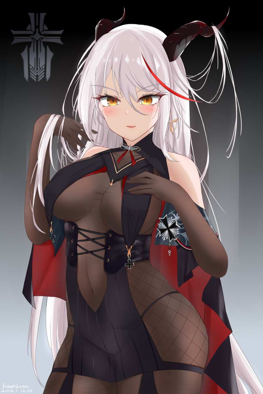 1girl, absurdres, aegir_(azur_lane), azur_lane, bare_shoulders, biganbanani, black_cape, black_gloves, black_skirt, bodystocking, breast_curtains, breasts, cape, cowboy_shot, cross, cross-laced_clothes, cross_earrings, demon_horns, earrings, elbow_gloves, eyebrows_visible_through_hair, gloves, gradient, gradient_background, grey_background, hair_between_eyes, hair_on_horn, hand_on_own_chest, highres, horns, iron_blood_(emblem), iron_cross, jewelry, large_breasts, long_hair, looking_at_viewer, medium_breasts, microskirt, multicolored_hair, redhead, skirt, solo, standing, streaked_hair, two-tone_hair, underbust, very_long_hair, white_hair, yellow_eyes
