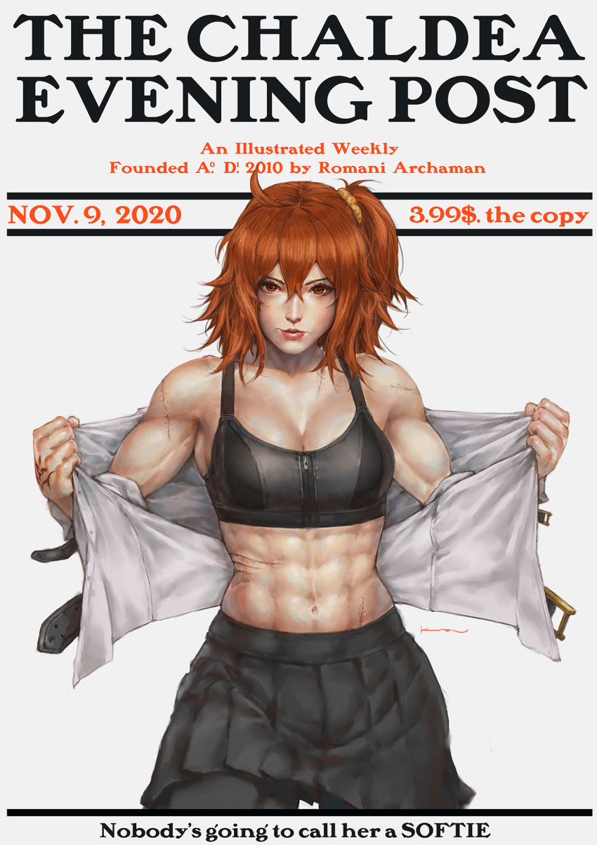 1girl, alternate_costume, background_text, bare_shoulders, belt, belt_buckle, black_bra, black_legwear, black_skirt, bra, buckle, clenched_hands, command_spell, cover, cowboy_shot, fate/grand_order, fate_(series), fujimaru_ritsuka_(female), grabbing, hairband, highres, jacket, kuon_(kwonchanji), looking_at_viewer, magazine_cover, medium_hair, muscular, muscular_female, navel, open_clothes, orange_eyes, pantyhose, realistic, redhead, scar, side_ponytail, signature, simple_background, skirt, solo, sports_bra, standing, the_saturday_evening_post, underwear, white_background, white_jacket, yellow_hairband