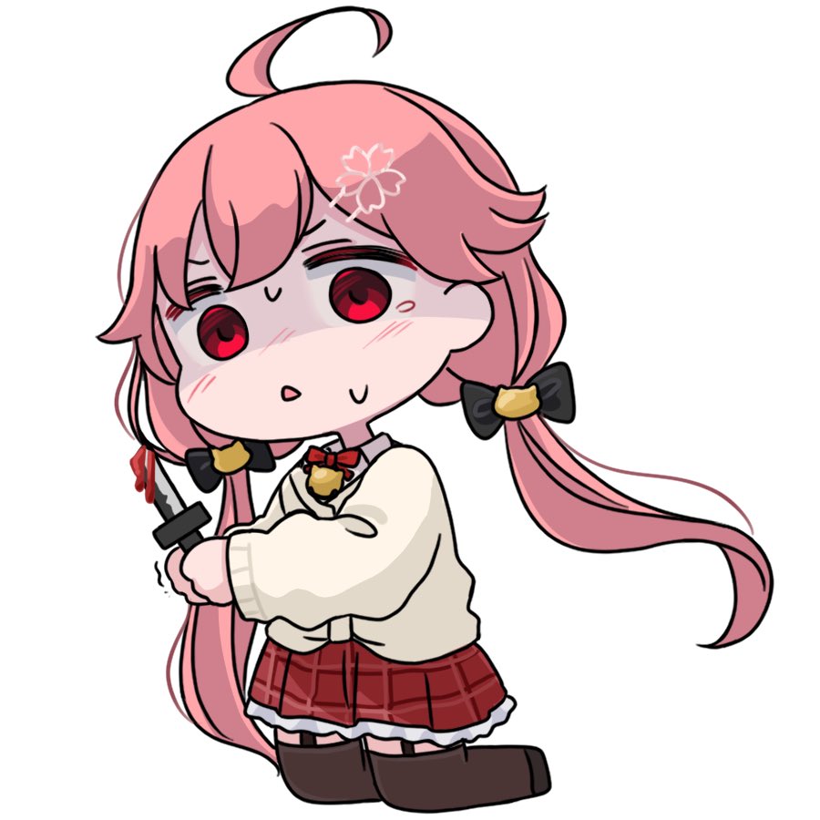 1girl, ahoge, beige_cardigan_vest, black_bow, black_footwear, black_legwear, blood, bow, bowtie, cat_ornament, chibi, empty_eyes, frilled_skirt, frills, from_side, garter_straps, hair_bow, holding, holding_knife, hololive, kneeling, knife, long_hair, long_sleeves, looking_at_viewer, low_twintails, mochimiko, pink_hair, plaid, plaid_skirt, red_bow, red_bowtie, red_eyes, red_skirt, sakura_miko, school_uniform, simple_background, skirt, solo, trembling, triangle_mouth, twintails, virtual_youtuber, white_background, yandere