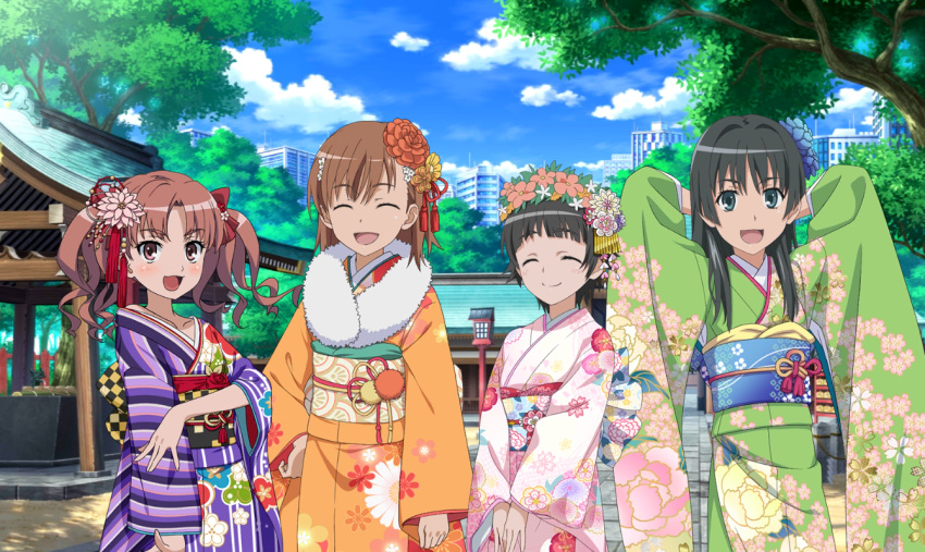 4girls, academy_city, arms_behind_head, bangs, black_hair, blue_eyes, blue_sky, blunt_bangs
