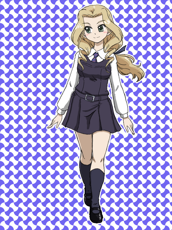 1girl, bangs, bc_freedom_school_uniform, black_dress, black_footwear, black_legwear, black_ribbon, blonde_hair