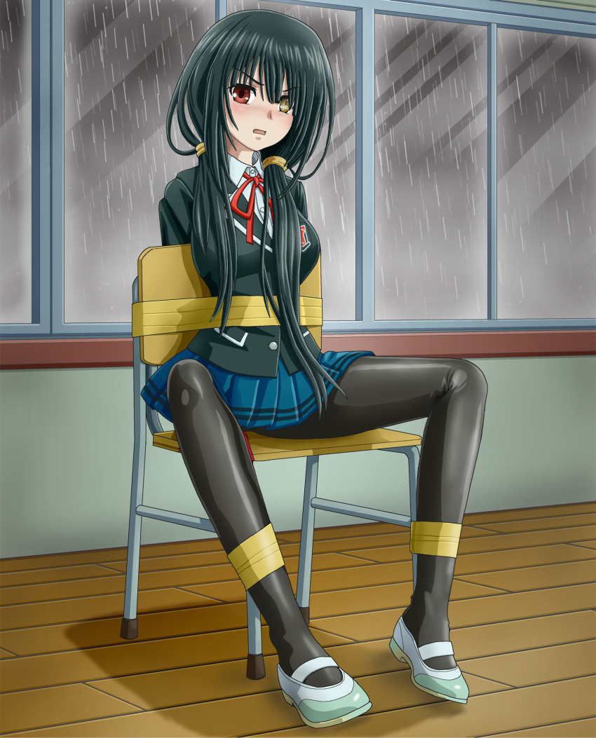 1girl, angry, arms_behind_back, bangs, bdsm, black_hair, black_jacket, black_legwear, blue_skirt, blush, bondage, bound, breast_pocket, breasts, buttons, chair, clock_eyes, collared_shirt, commentary_request, date_a_live, full_body, hair_tie, heterochromia, highres, indoors, jacket, long_hair, long_sleeves, looking_at_viewer, medium_breasts, miniskirt, neck_ribbon, nose_blush, on_chair, open_mouth, pantyhose, pleated_skirt, pocket, rain, red_eyes, red_ribbon, ribbon, school_chair, school_uniform, shiny, shiny_clothes, shiny_hair, shirt, shoes, sidelocks, sitting, skirt, solo, symbol-shaped_pupils, tape, tied_hair, tied_to_chair, tokisaki_kurumi, v-shaped_eyebrows, verdun_(berudan), white_footwear, white_shirt, window, wooden_floor, yellow_eyes