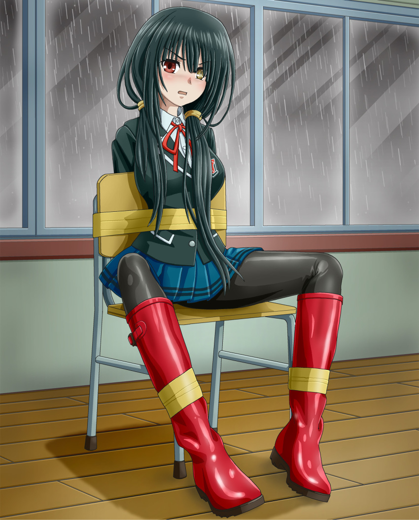 1girl, angry, arms_behind_back, bangs, bdsm, black_hair, black_jacket, black_legwear