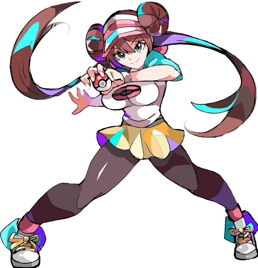 1girl, black_legwear, blue_eyes, bow, breasts, brown_hair, double_bun, doughnut_hair_bun
