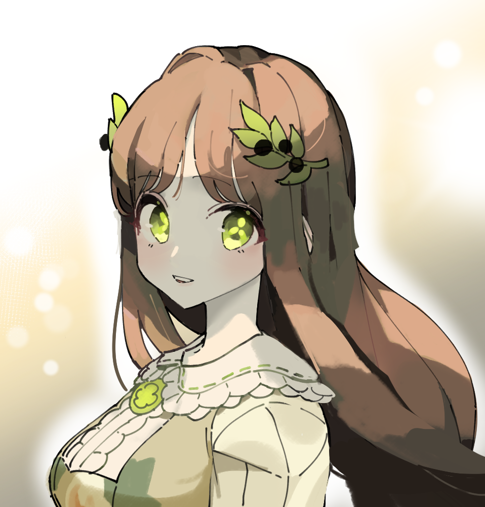 1girl, black_survival, blush, brown_hair, dress, eternal_return:_black_survival, green_dress, green_eyes