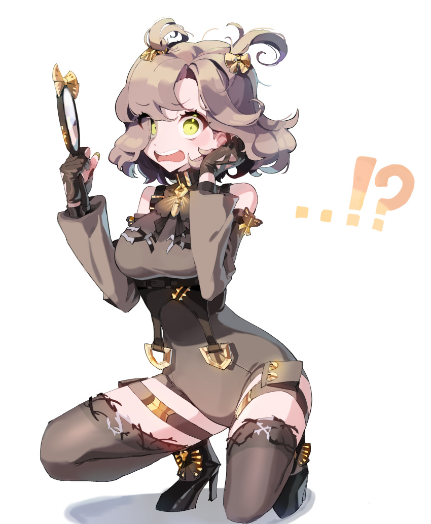 !?, 1girl, absurdres, alternate_hairstyle, black_hair, black_legwear, black_leotard, black_survival, blush, breasts, eternal_return:_black_survival, fingerless_gloves, framed_breasts, gloves, green_eyes, hair_ribbon, hand_mirror, high_heels, highres, leotard, looking_at_mirror, medium_breasts, mirror, open_mouth, ribbon, rozzi_(black_survival), short_twintails, simple_background, solo, surprised, teeth, thigh-highs, twintails, upper_teeth, user_ngnc3324, white_background