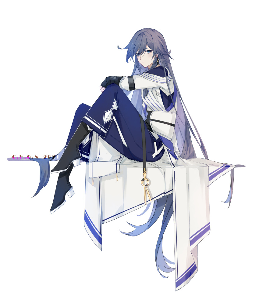 1girl, absurdres, bangs, black_footwear, black_hair, blue_eyes, blue_pants, boots