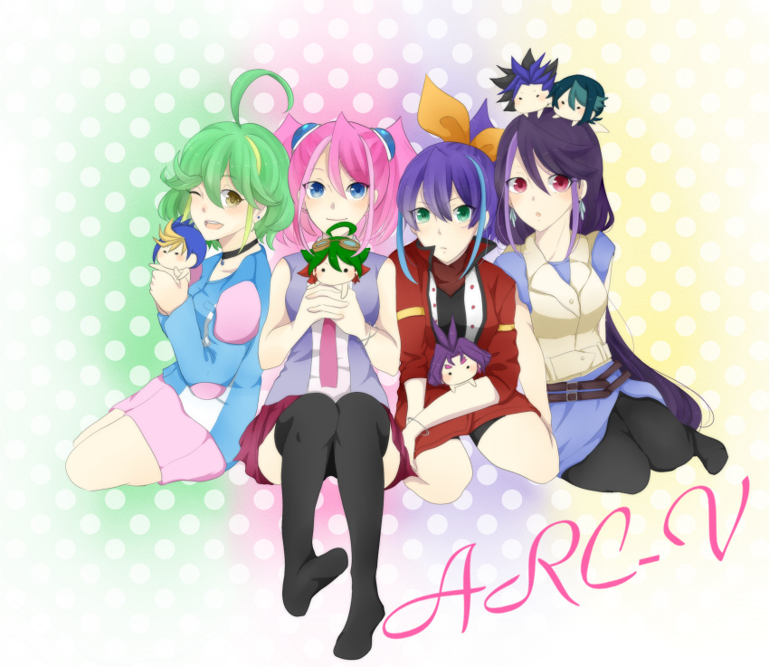 4girls, :d, ahoge, belt, blue_hair, bow, bracelet_girls, choker