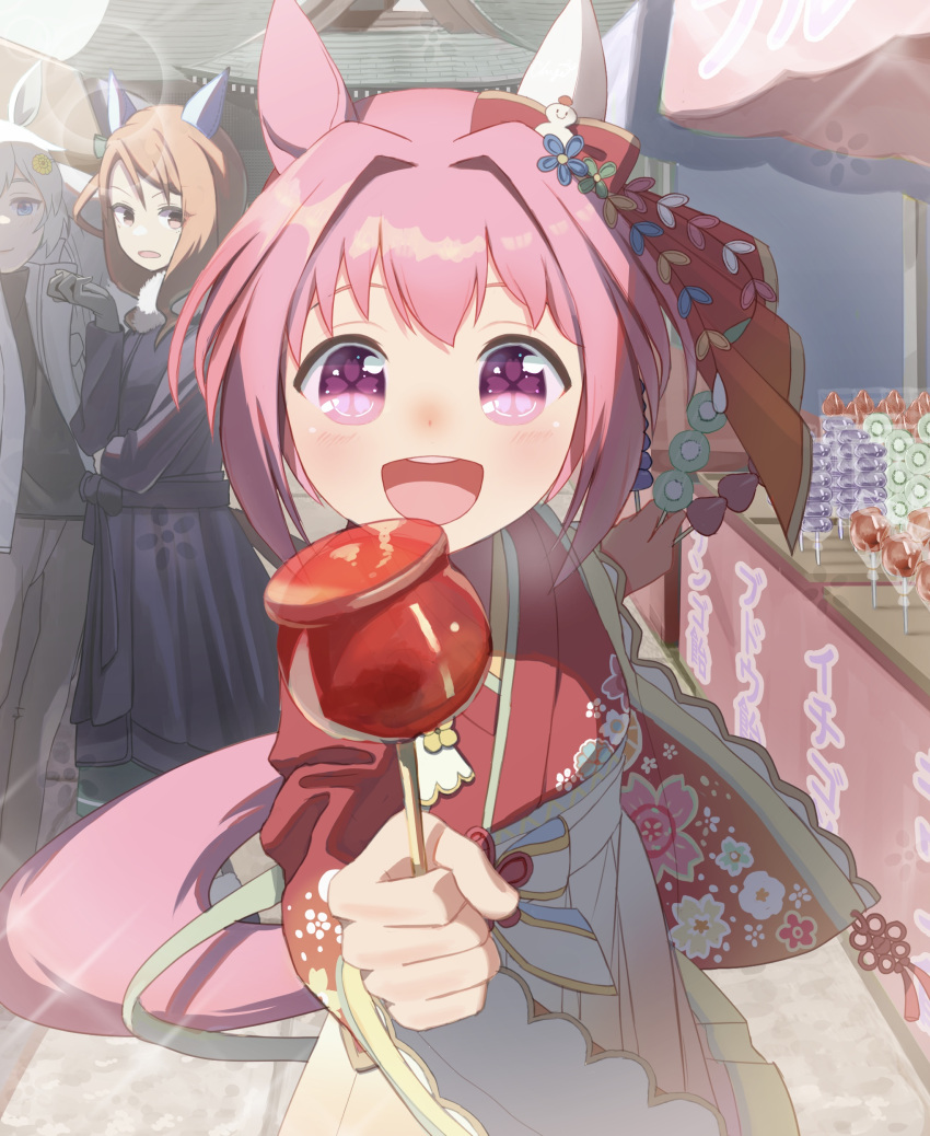 3girls, absurdres, animal_ears, blush, brown_hair, candy, candy_apple, chigemisoneki