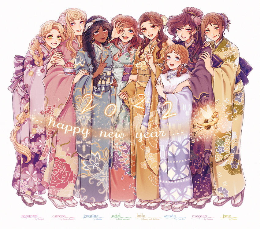 2022, 6+girls, :d, adapted_costume, aladdin_(disney), aqua_kimono, ariel_(disney), aurora_(disney), bangs, beauty_and_the_beast, beauty_and_the_beast_(disney), belle_(disney), black_hair, blonde_hair, blue_eyes, blue_kimono, braid, braided_ponytail, brown_eyes, brown_hair, brown_kimono, character_name, child, closed_mouth, company_connection, copyright_name, crossover, curly_hair, dark-skinned_female, dark_skin, disney, disney_princess, earrings, english_text, eyelashes, eyeshadow, fairy, fingernails, floral_print, flower, flower_braid, flying, full_body, fur_shawl, fur_trim, furisode, geta, green_eyes, green_kimono, grin, hair_bun, hair_flower, hair_ornament, hair_over_shoulder, hairband, half_updo, hand_on_another's_arm, hand_on_another's_shoulder, hand_up, hands_on_another's_arm, happy_new_year, hercules_(disney), highres, holding_another's_arm, jane_porter, japanese_clothes, jasmine_(disney), jewelry, kimono, leaning_forward, leaning_on_person, light_particles, lineup, lipstick, long_hair, long_sleeves, looking_at_viewer, makeup, megara_(disney), miniskirt, mizala, multi-tied_hair, multiple_braids, multiple_crossover, multiple_girls, new_year, obi, ok_sign, ok_sign_over_eye, one_eye_closed, pearl_(gemstone), peter_pan_(disney), pinching_sleeves, pink_flower, pink_kimono, pleated_skirt, ponytail, purple_flower, purple_kimono, purple_ribbon, rapunzel_(disney), red_lips, ribbon, sash, shawl, side-by-side, simple_background, skirt, sleeping_beauty, sleeping_beauty_(disney), sleeves_past_wrists, smile, standing, striped, striped_sash, swept_bangs, tabi, tangled, tangled_(film), tarzan, tarzan_(disney_movie), the_little_mermaid, tinker_bell_(disney), twin_braids, v, very_long_hair, violet_eyes, wavy_hair, wendy_darling, white_background, white_flower, white_legwear, wide_sleeves, wings, yellow_flower, yellow_kimono