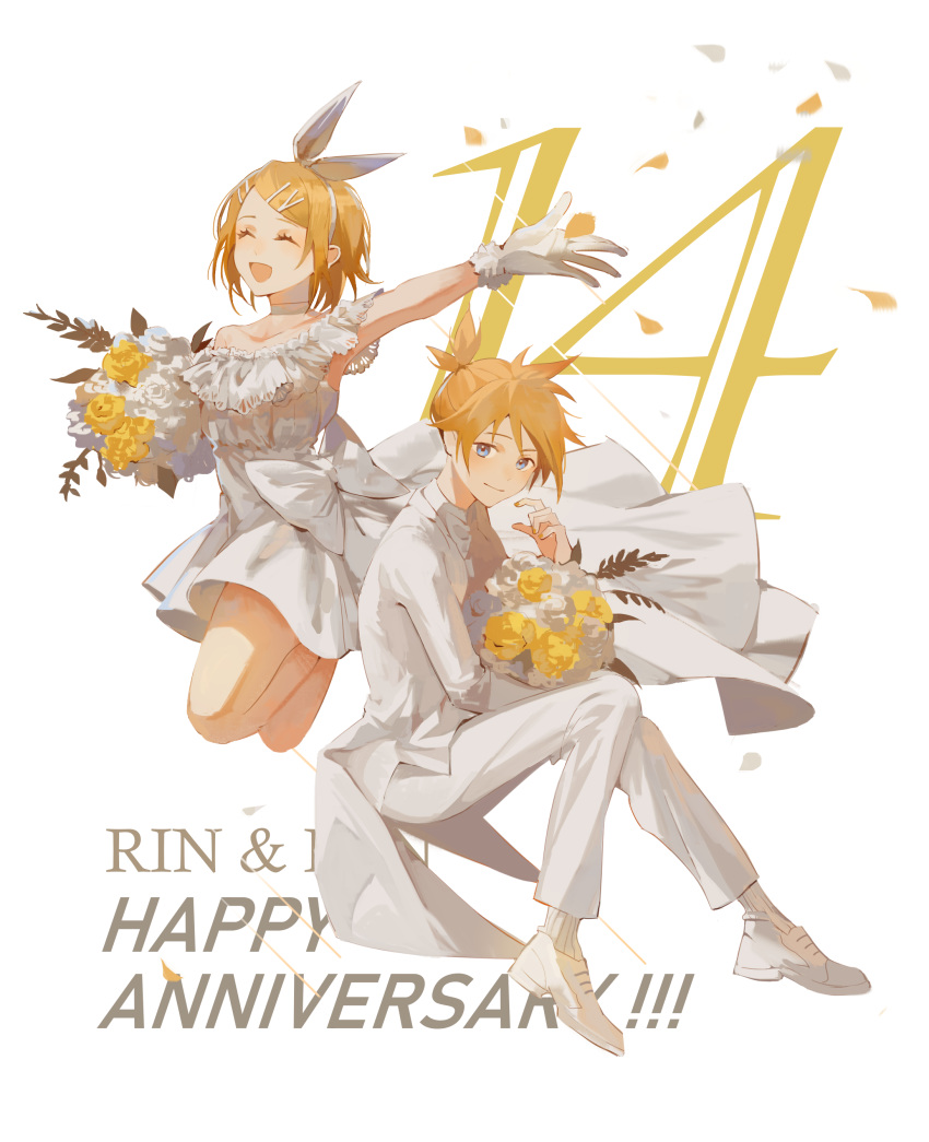 1boy, 1girl, absurdres, anniversary, armpits, bare_arms, blonde_hair, blue_eyes