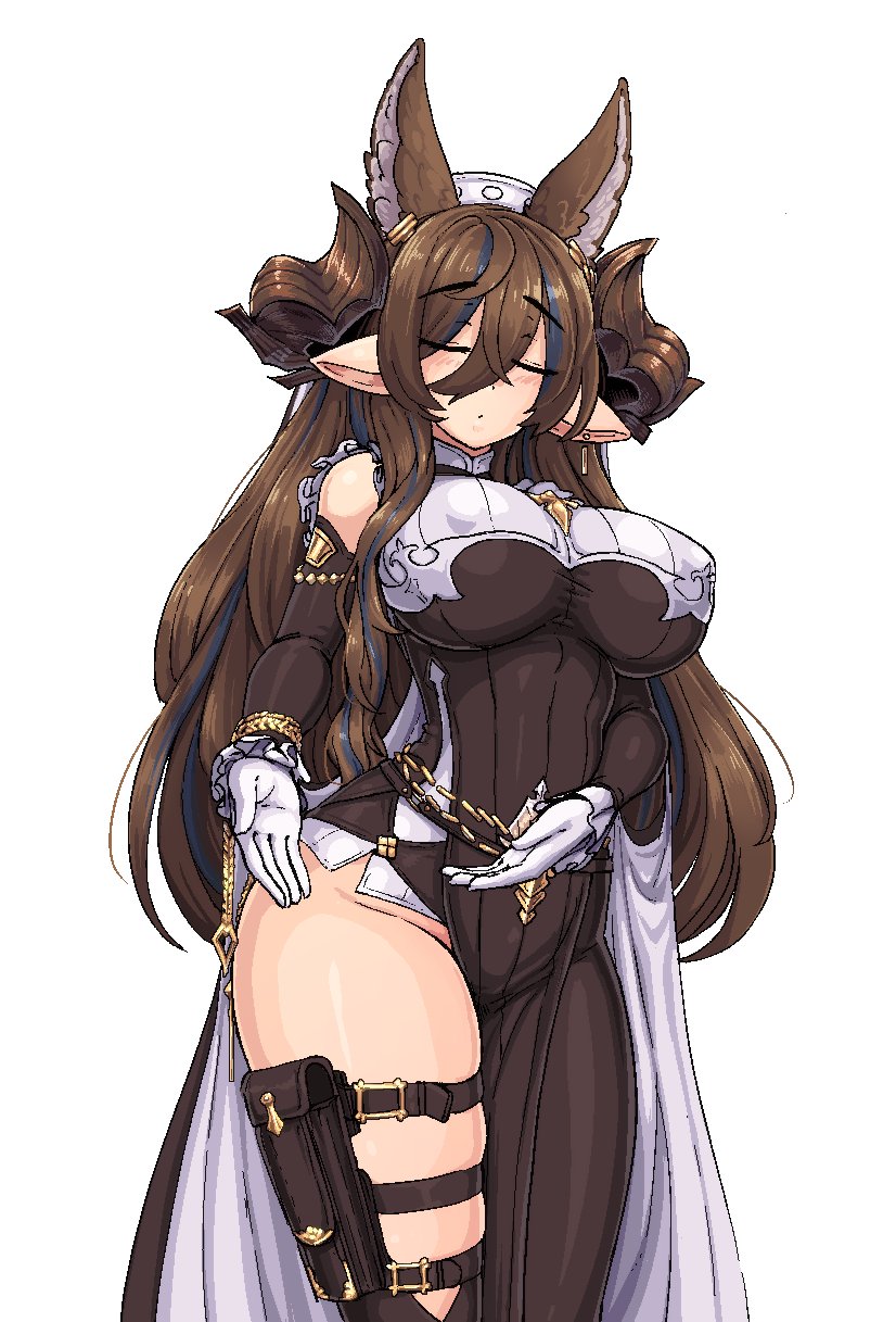 1girl, animal_ears, bangs, barbariank, black_dress, blush, breasts, brown_hair