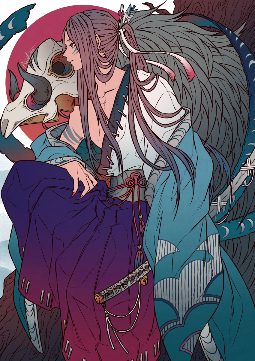 1boy, absurdres, blue_eyes, bodypaint, brown_hair, facial_mark, feathers, fingernails, hakama, hand_on_lap, headwear_removed, highres, ichi_asakura, japanese_clothes, long_hair, nail_polish, onmyoji, open_clothes, ponytail, profile, sharp_fingernails, sitting, skull, sword, weapon, yamakaze_(onmyoji)
