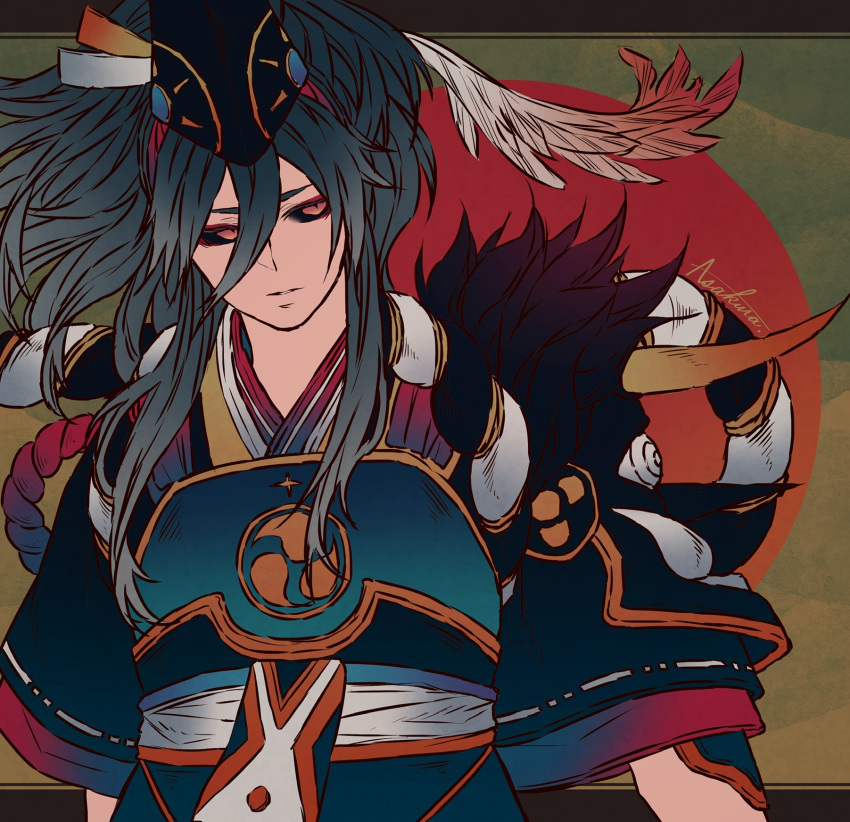 1boy, armor, black_hair, black_sclera, colored_sclera, feathers, hat, highres