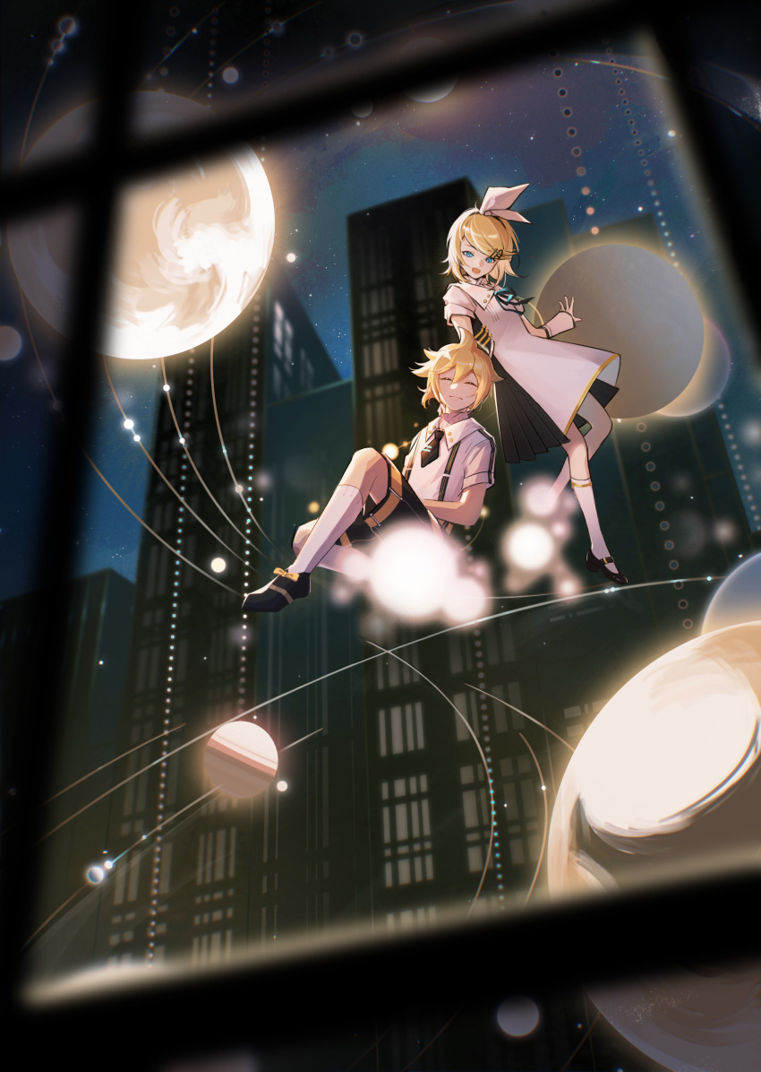 1boy, 1girl, absurdres, bangs, black_footwear, black_necktie, black_ribbon, black_shorts, blonde_hair, blue_eyes, blurry, blurry_foreground, bow, bow_footwear, building, buttons, city, closed_eyes, closed_mouth, collared_dress, collared_shirt, detached_sleeves, dress, eyebrows_visible_through_hair, facing_viewer, flat_chest, floating_hair, full_moon, hair_between_eyes, hair_bow, hair_ornament, hairclip, happy, high_collar, highres, kagamine_len, kagamine_rin, kneehighs, light_particles, looking_at_another, looking_down, mary_janes, miku_symphony_(vocaloid), moon, moonlight, neck_ribbon, necktie, night, night_sky, open_mouth, open_window, planet, pleated_dress, puffy_sleeves, ribbon, rui_(fri), shiny, shiny_hair, shirt, shoes, short_sleeves, shorts, sky, skyscraper, star_(sky), starry_sky, string, suspender_shorts, suspenders, swept_bangs, tie_clip, tsurime, vocaloid, white_bow, white_dress, white_legwear, white_shirt, window, yellow_bow