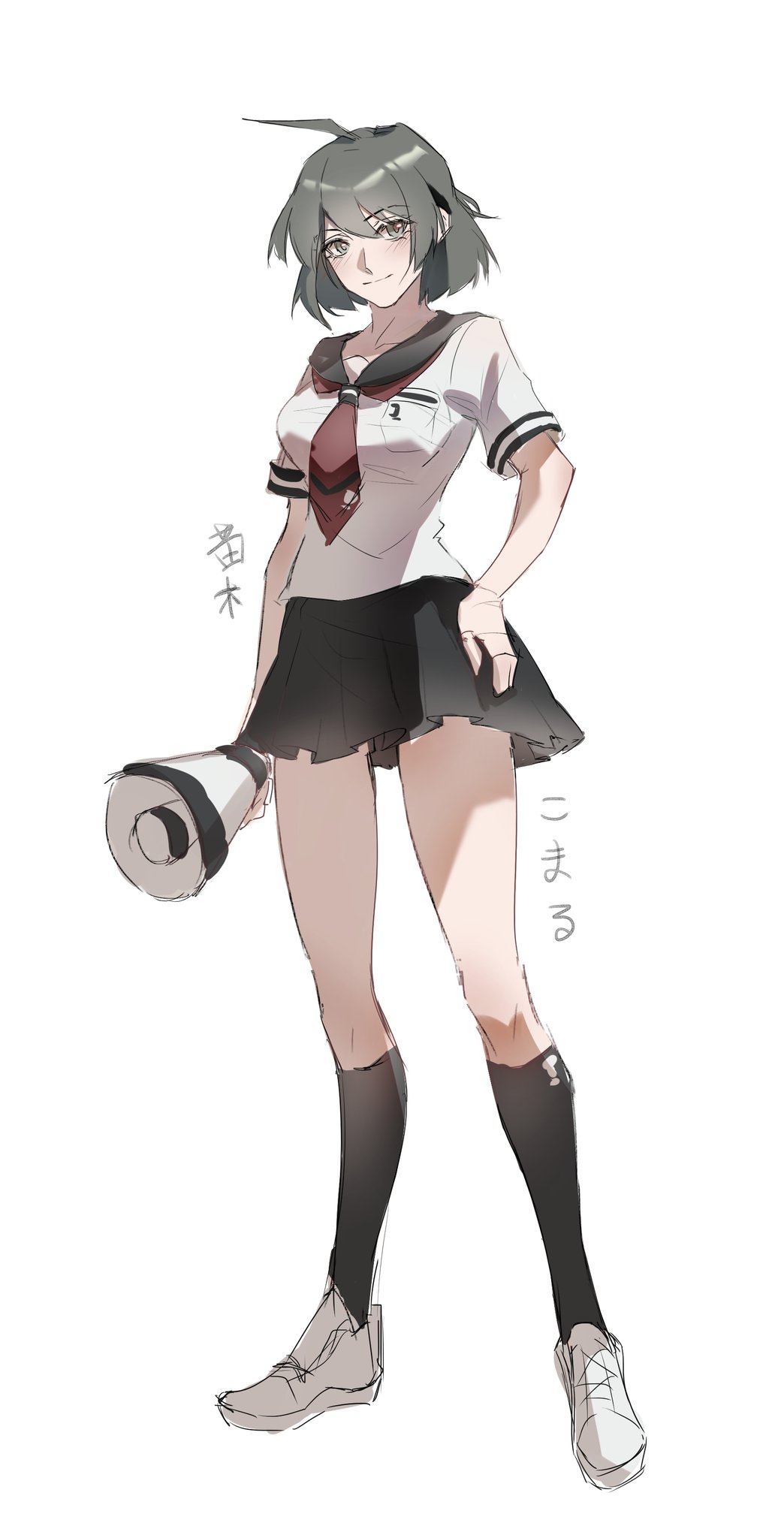 1girl, ahoge, bangs, black_legwear, black_sailor_collar, black_skirt, breasts, brown_hair